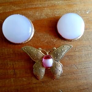 Gold Toned and Pink Butterfly Brooch and Earrings Set